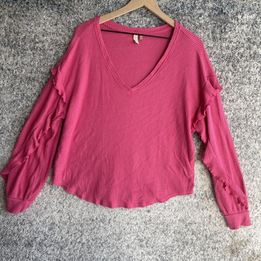Plush Sweater Womens XL Pink Ruffle Sleeve Waffle Knit Pullover Urban Outfitters